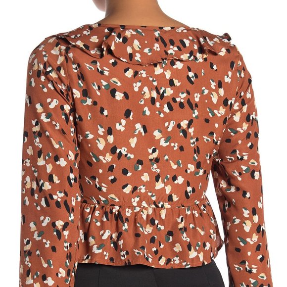 Camel Long Sleeve Ruffled V Neck Crop Blouse Top - Picture 6 of 8